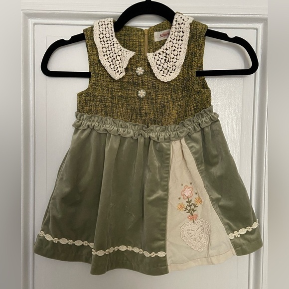 Souris Green Velvet Cream Peter Pan Lace Collar Floral Button Cottagecore Dress - Picture 14 of 14
